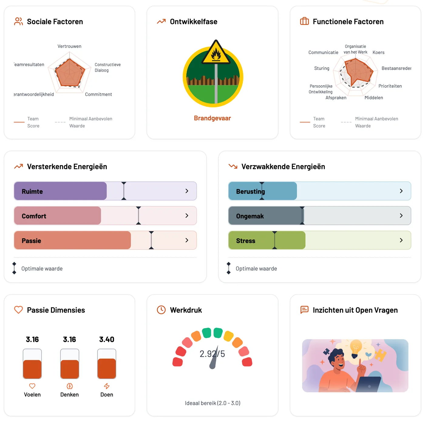 Het hele dashboard: sociale factoren, ontwikkelfase, functionele factoren, de versterkende en verzwakkende energieën, passie in voelen, denken en doen, werkdruk en de inzichten uit de open vragen